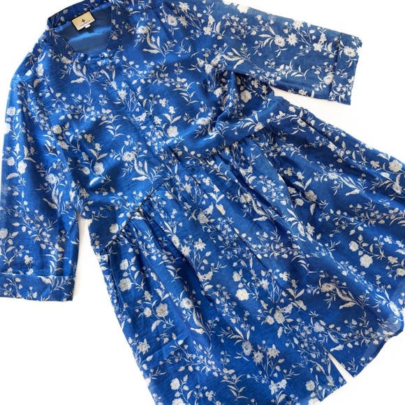 Tuckernuck Dress Womens Large Blue Floral Toile Long Slv Shift - Picture 2 of 14